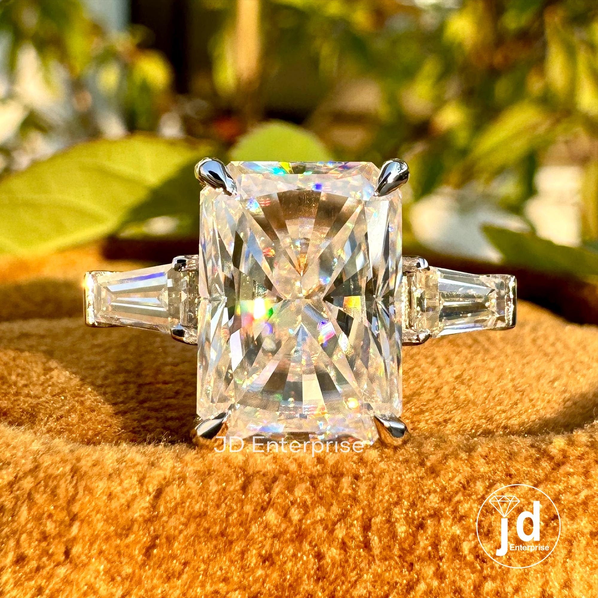 Three Stone Moissanite Wedding Ring, 4.80 TCW Radiant Cut & Tapered Baguette Moissanite Engagement Ring, Anniversary Gift, Bridal Ring
