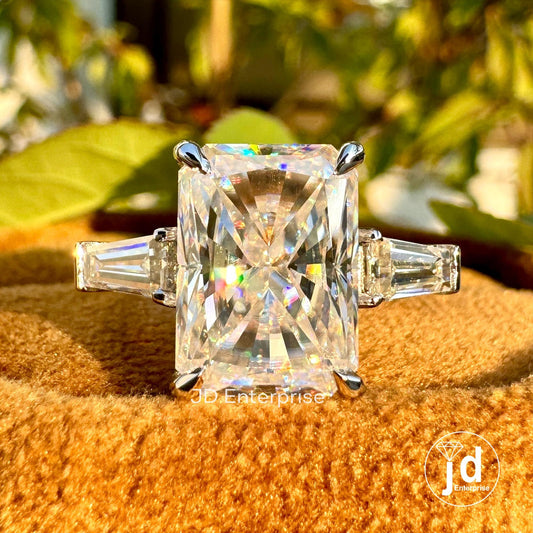Three Stone Moissanite Wedding Ring, 4.80 TCW Radiant Cut & Tapered Baguette Moissanite Engagement Ring, Anniversary Gift, Bridal Ring
