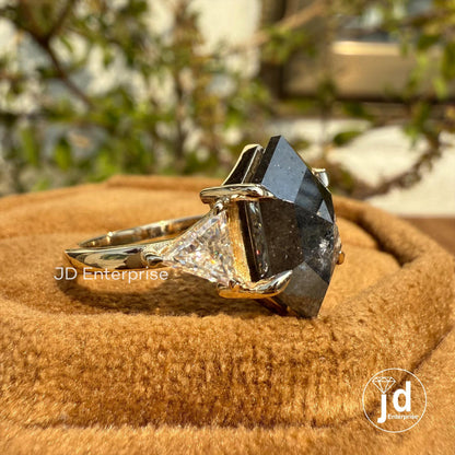 Raw Diamond Step Cut Hexagon & Triangle Moissanite, Salt and Pepper, Yellow Gold Engagement Ring, Three Stone Geometric Diamond Wedding Ring