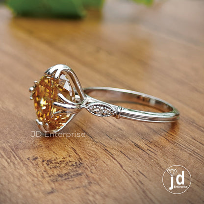 5.05 CT Portuguese Champagne Moissanite Engagement Ring, Milgrain Wedding Ring, Fish Tail Prongs, Round Accent Bridal Ring, Anniversary Ring