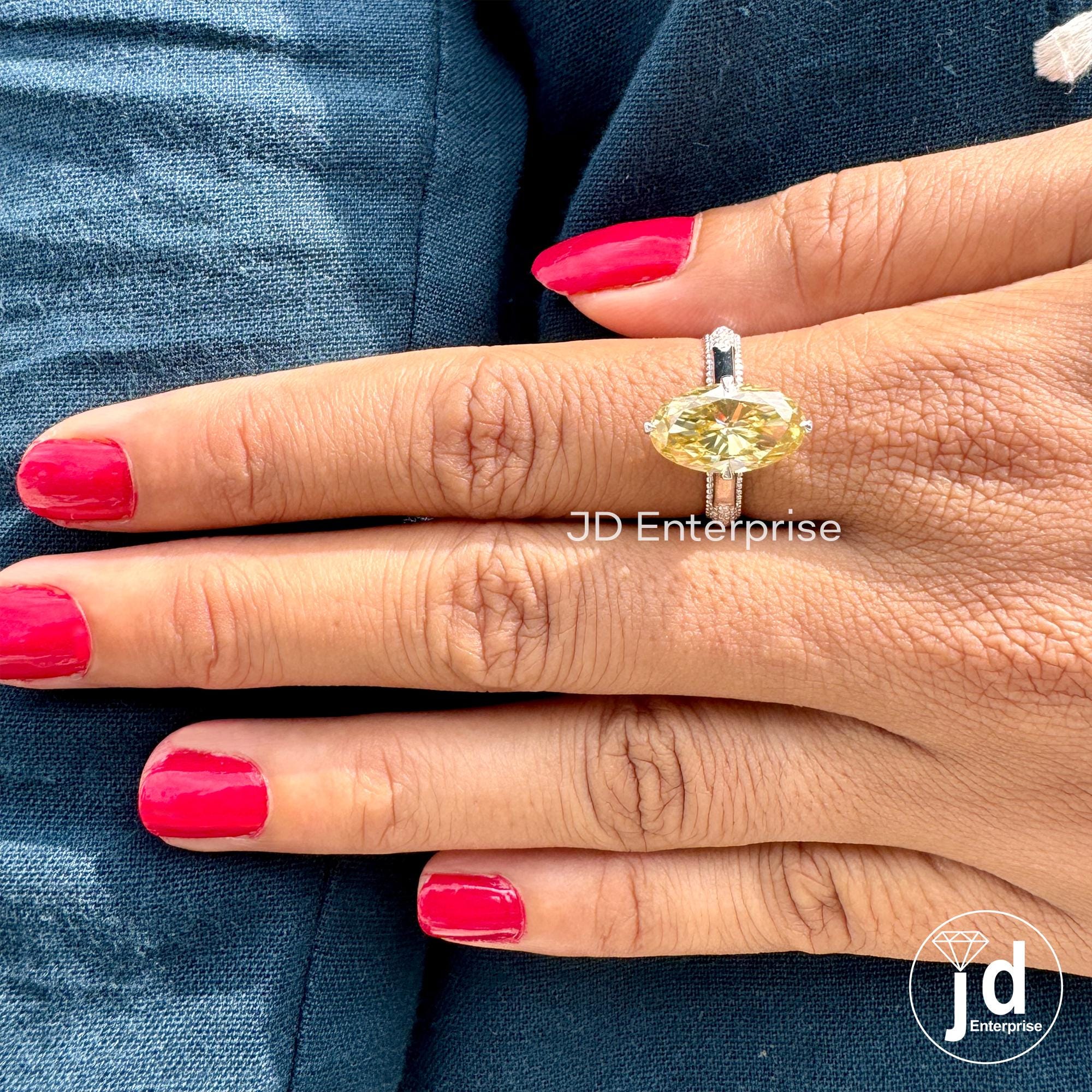 Canary Yellow Moissanite Engagement Ring, 4.00 CT Antique Elongated Oval Wedding Ring, Hidden Halo Milgrain Ring, Anniversary Gift Ring