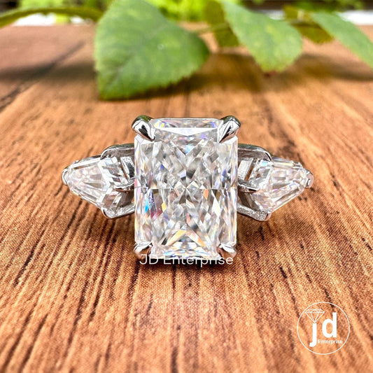 Three Stone Radiant Cut Engagement Ring, 5.65 TW Large Radiant Moissanite Ring, Celebrity Style, Crushed Ice Moissanite, Luxury Wedding Ring