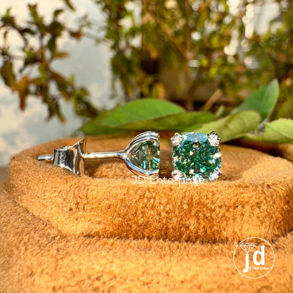 2.20 TCW Bluegreen Cushion Cut Moissanite Stud Earrings, Double Claw Prongs, Wedding Earrings, Screw/Push Back Earrings, Anniversary Gift