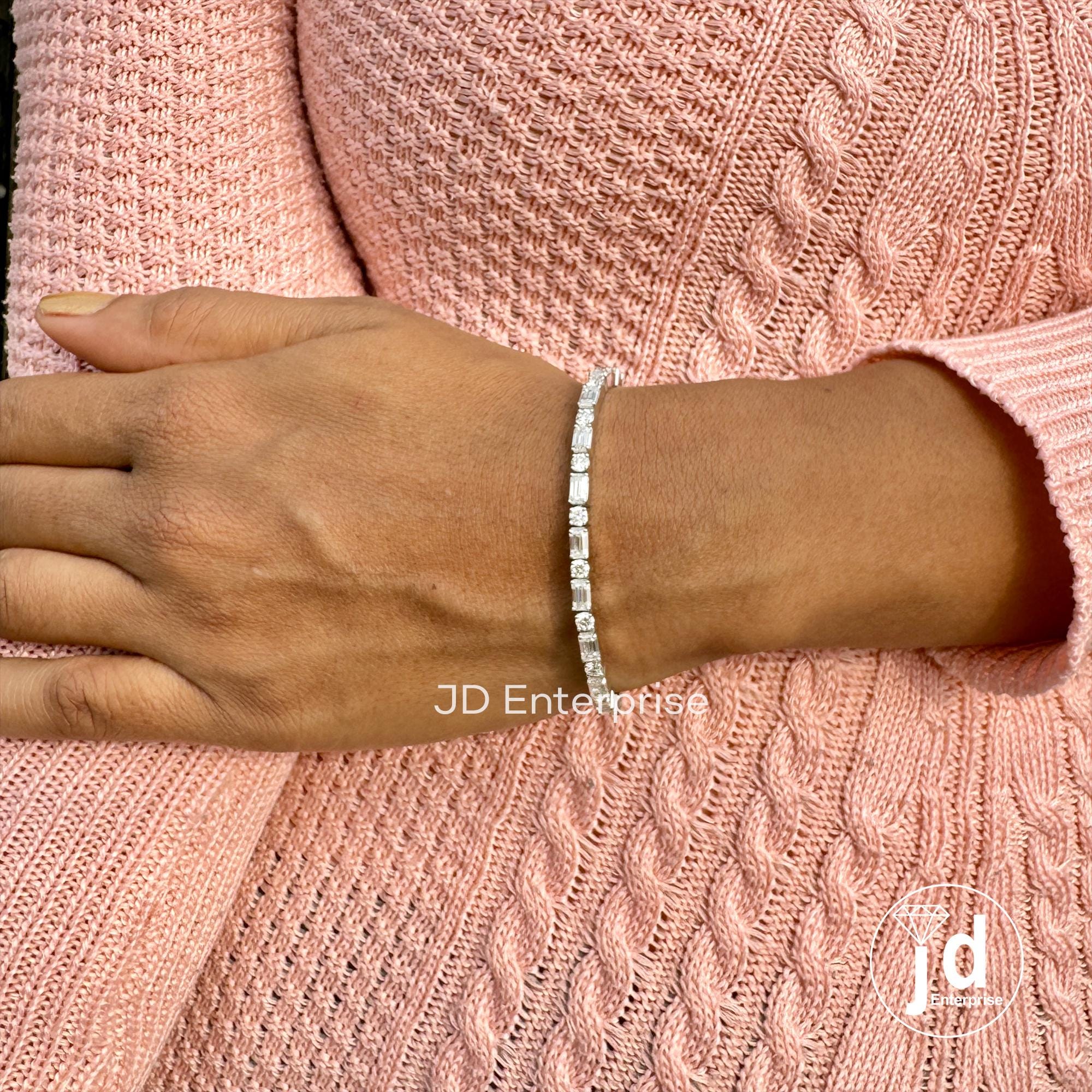 Moissanite Tennis Bracelet, East to West Set Emerald & Round Cut Wedding Bracelet, Box Lock Set, Engagement Bracelet for Women, Bridal Set