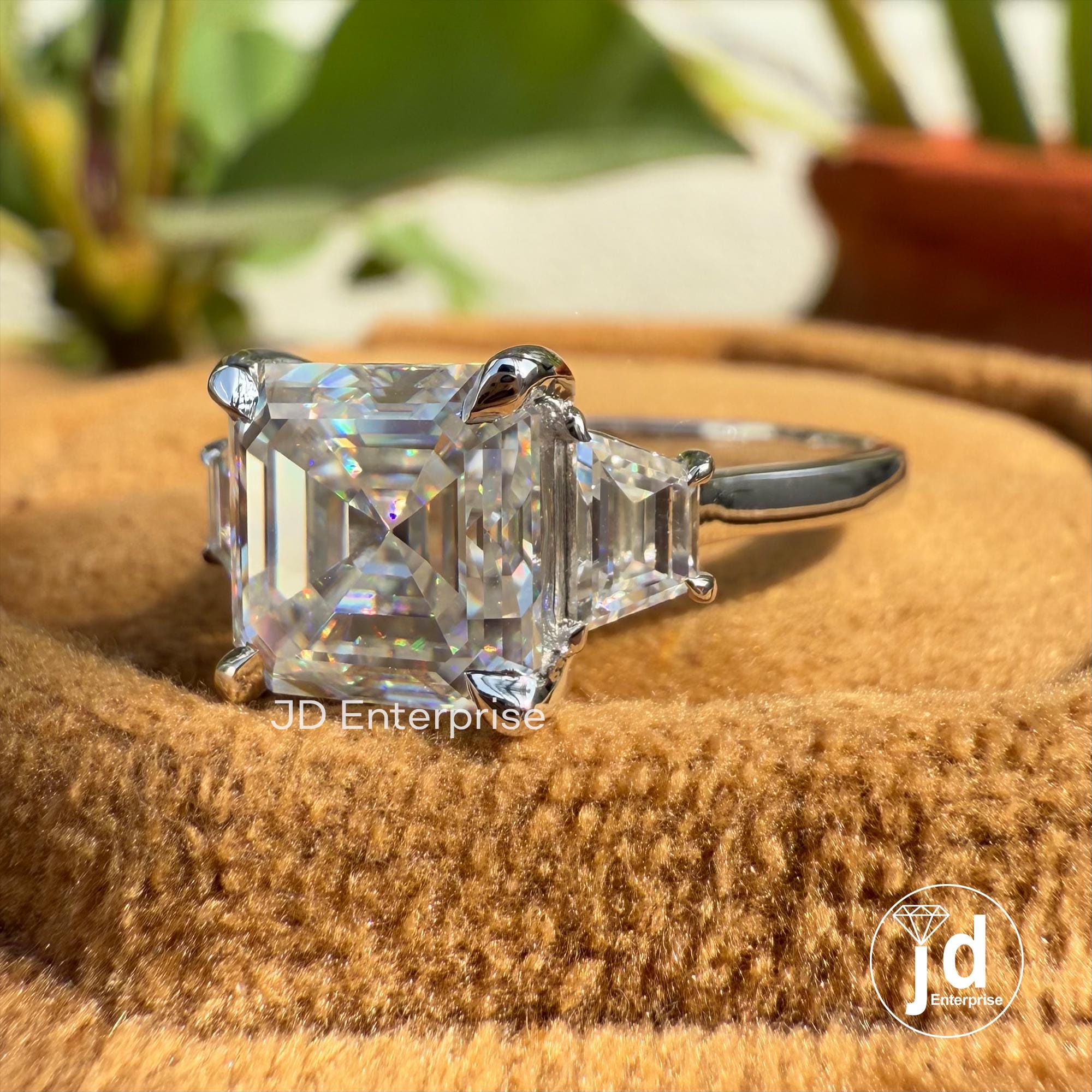 3.00 CT Asscher Cut Colorless Moissanite Engagement Ring, Perfect Anniversary Gift, Side Trapezoid Moissanite Wedding Ring, Bridal Set Ring