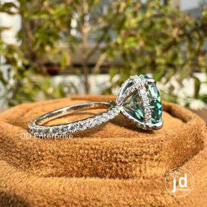 7.50 CT Sparkling Portuguese Cut Cyan Blue Moissanite Engagement Ring, Hidden Halo Ring, Eternity Pave Wedding Ring, Anniversary Gift Ring