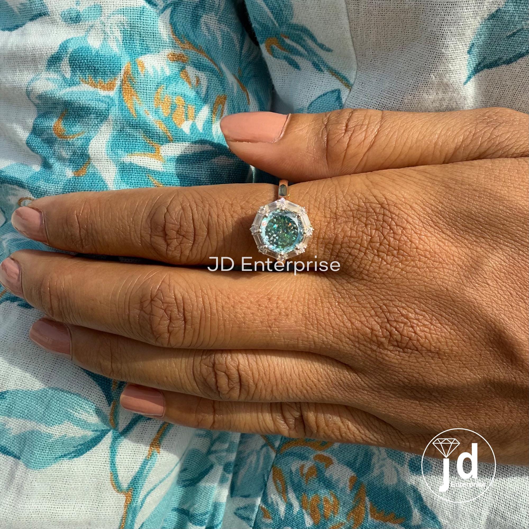 3.0 CT Portuguese Cut Cyan Blue Moissanite Ring, Vintage Style Engagement Ring, Baguette and Round Halo Ring, Wedding Ring, Anniversary Gift