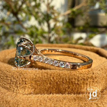 Vintage Engagement Ring, 4.00 CT Portuguese Cut Cyan Blue Moissanite Ring, Claw Prongs Rose Gold Wedding Ring, Accent Anniversary Gifts