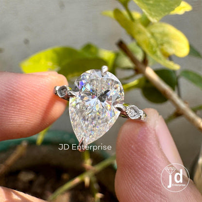 2.75 TCW Antique Colorless Pear Cut Moissanite Engagement Ring, Compass set Prong Wedding Ring, Vintage Style Handcrafted Anniversary Ring