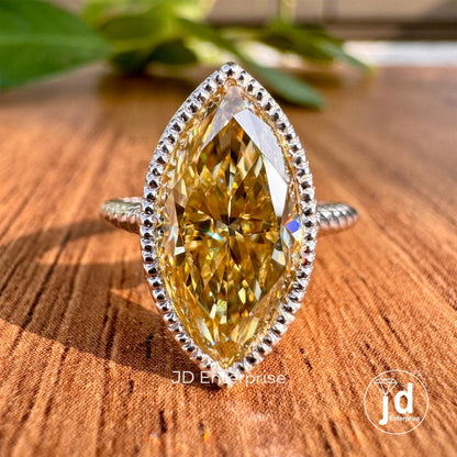 Milgrain Bezel Set Engagement Ring, Marquise Cut Canary Yellow Moissanite Ring, Solitaire Wedding Ring for Her, Rope Design Twisted Band