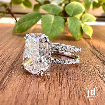 Large 7.25 CT Elongated Cushion Cut Moissanite Ring, Hidden Halo Engagement Ring, Dual Shank Wedding Ring, Pave Set Celebrity Style Ring