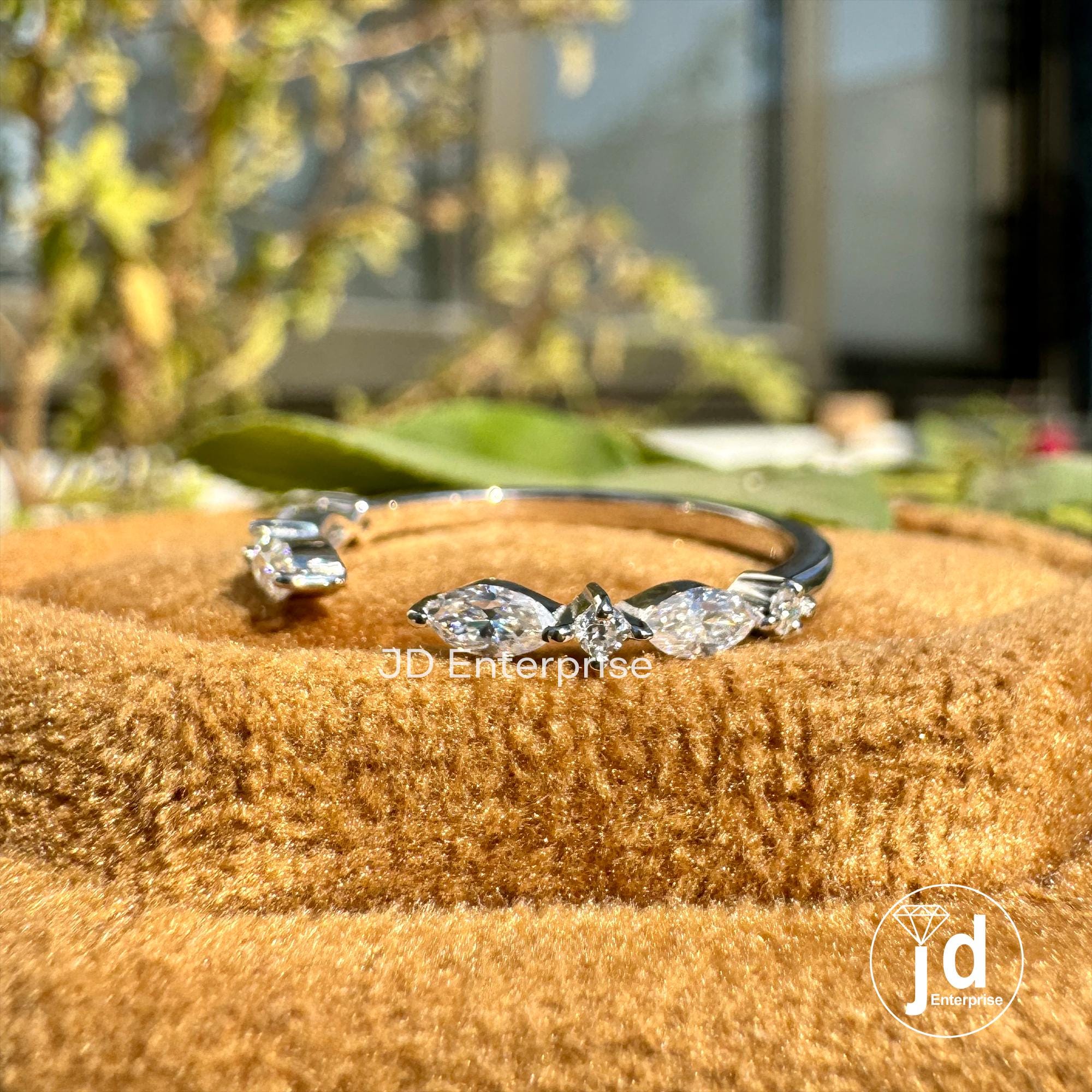 Minimalist Open Gap Wedding Band, 0.30TW Marquise & Round Moissanite Engagement Band, Half Eternity Band, Stackable Matching Band for Women
