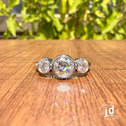 1.09 TW Colorless Round Moissanite Engagement Ring, Bezel Set Moissanite Ring, Three Stone Wedding Ring, Anniversary Ring, Bridal Ring