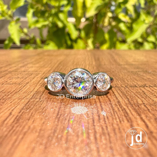 1.09 TW Colorless Round Moissanite Engagement Ring, Bezel Set Moissanite Ring, Three Stone Wedding Ring, Anniversary Ring, Bridal Ring