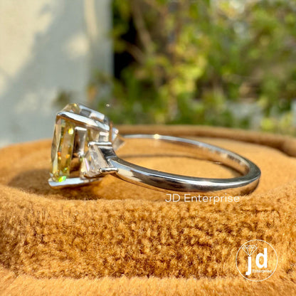 2.50 CT Cushion Canary Yellow Moissanite Ring, Three Stone Engagement Ring, Side Kite Cut, Wedding Ring, Propose Ring, Anniversary Gift