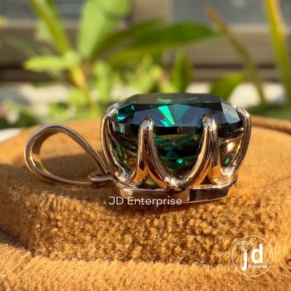 12.50 CT Cushion Cut Dark Green Moissanite Pendant for Necklaces, Vintage Solitaire Wedding Pendant, Claw Prong Setting, Rose Gold Pendant