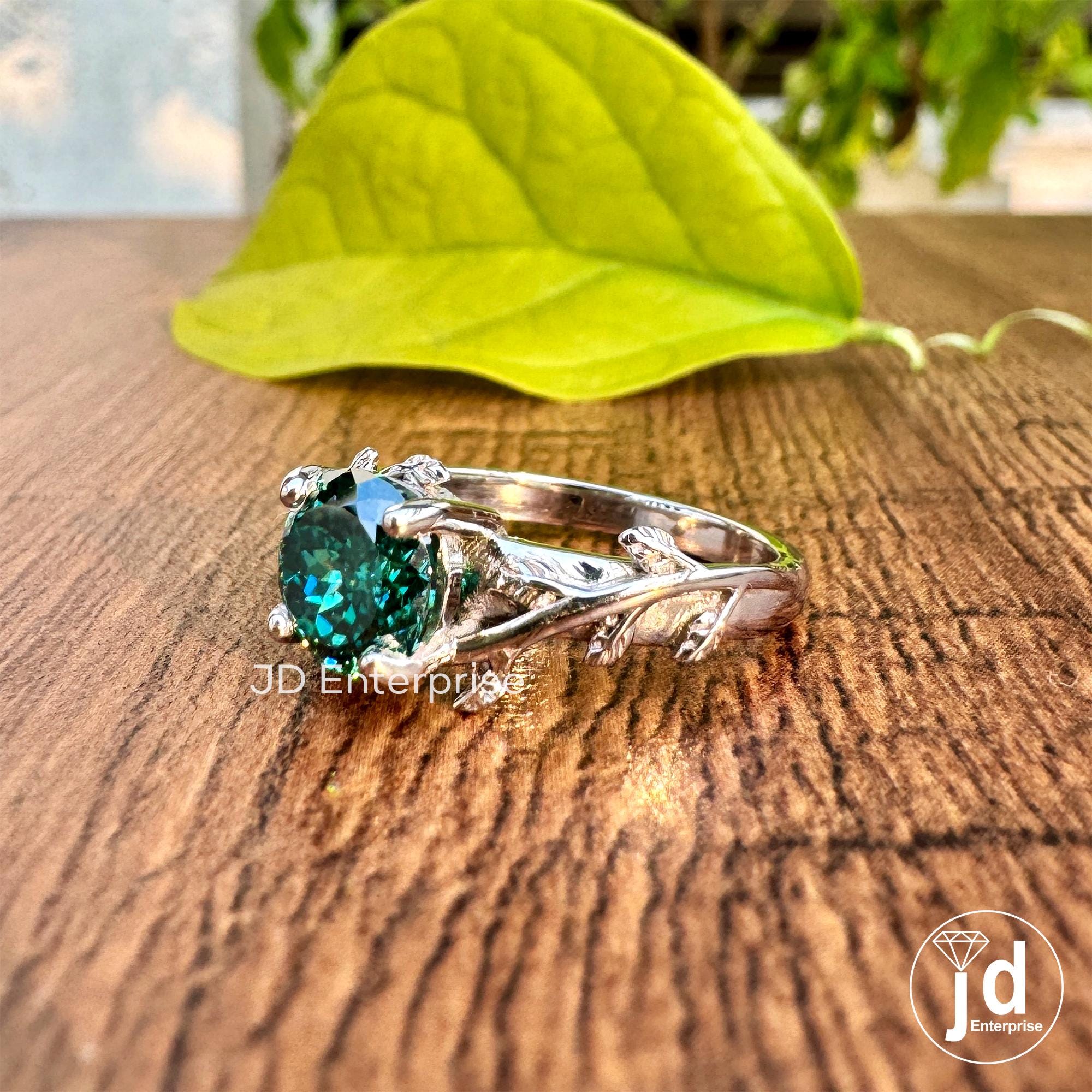 1.25CT Portuguese Cut Green Moissanite Engagement Ring, Vintage Leaf Solitaire Wedding Ring, Nature Inspired Anniversary Gift, Bridal Ring