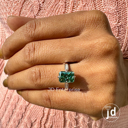 2.25 CT Green Radiant Moissanite Engagement Ring, Hidden Halo Wedding Ring, Compass Set Prongs Milgrain Ring, With Accent Stone Bridal Ring