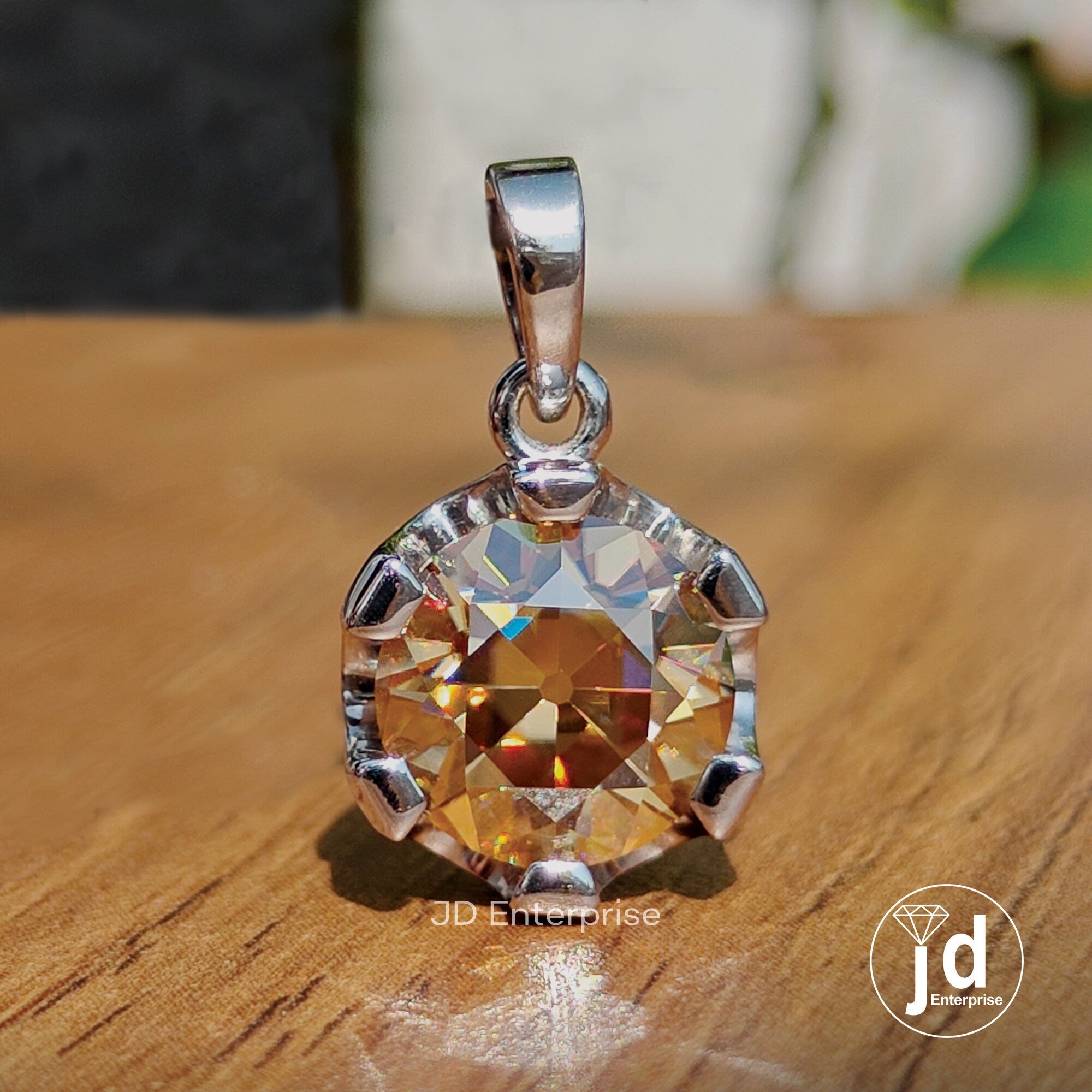 3.0 CT Round Old European Cut Champagne Moissanite Engagement Pendant, Solitaire Wedding Pendant for Necklace, Bridal Set, Anniversary Gift