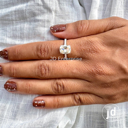 Old Mine Cushion Moissanite Ring, Off-White Moissanite Anniversary Ring, Vintage Style Engagement Ring, Pave Set Moissanite Proposal Ring