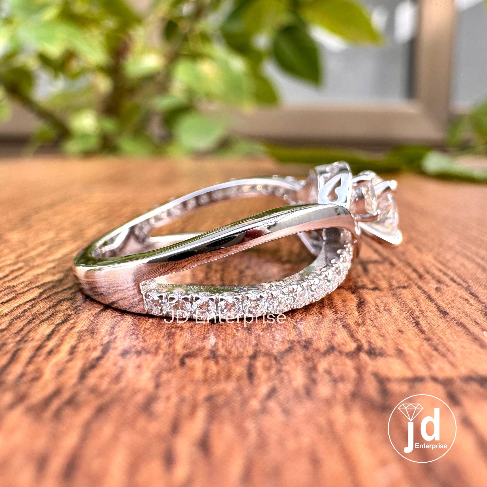 1.12 CT Colorless Round Cut Moissanite Engagement Ring, Three Stone Wedding Ring, Pave Bypass Shank Designer Ring, Anniversary Ring