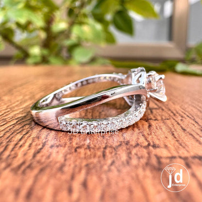 1.12 CT Colorless Round Cut Moissanite Engagement Ring, Three Stone Wedding Ring, Pave Bypass Shank Designer Ring, Anniversary Ring