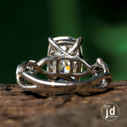 2.50 CT Colorless Cushion Moissanite Engagement Ring, Nature Inspired Twisted Band Wedding Ring, Art Deco White Gold Ring, Anniversary Gifts