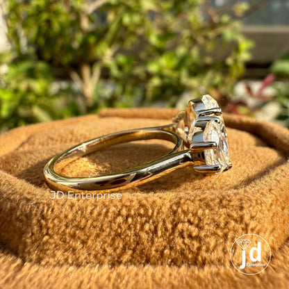 3.33 TCW Oval Cut Moissanite Engagement Ring, Side Stone Half Moon, Yellow Gold Three Stone Wedding Ring, Anniversary Ring, Trilogy Ring