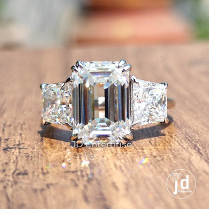 5.50 TW Old Mine Emerald Moissanite Engagement Ring, Side Trapezoid, Three Stone Wedding Ring, Double Claw Prongs Anniversary Ring, Bridal
