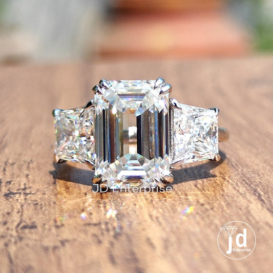 5.50 TW Old Mine Emerald Moissanite Engagement Ring, Side Trapezoid, Three Stone Wedding Ring, Double Claw Prongs Anniversary Ring, Bridal