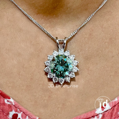 Flower Style 4.00 CT Round Cut Cluster Halo Wedding Pendant, Blue Green Moissanite Charm Pendant for Necklace, Engagement/Anniversary Gifts