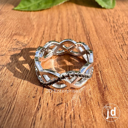 Infinity Twisted Shank Wedding Band, Designer Cross Over Band, Round Cut Black Moissanite Band, Engagement Ring, Anniversary Gift for Her