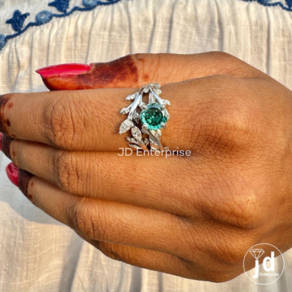1.25 CT Portuguese Cut Green Moissanite Wedding Ring Set, Vintage Leaf Engagement Ring Set, Nature Inspired Anniversary Matching Band