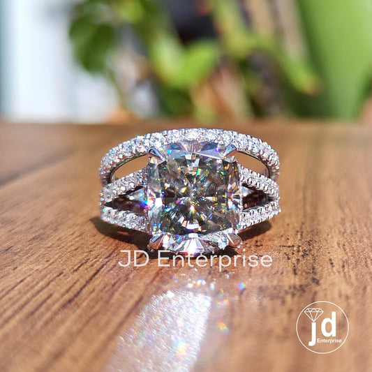 5.00 CT Cushion Cut Light Grey Moissanite Engagement Ring, Hidden Halo Wedding Set, Bridal Set, Eternity Band, Pave Split Shank Ring for Her