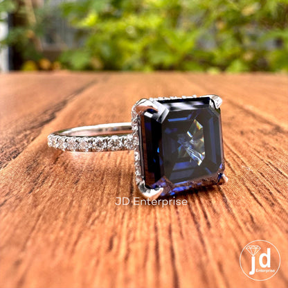 4.00 CT Dark Blue Asscher Moissanite Diamond Ring, Hidden Halo Engagement Ring, Unique Pave Set Wedding Ring, Claw Prong Anniversary Ring