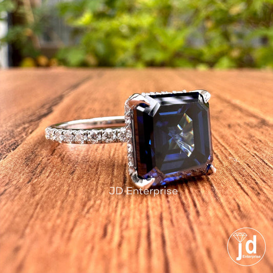 4.00 CT Dark Blue Asscher Moissanite Diamond Ring, Hidden Halo Engagement Ring, Unique Pave Set Wedding Ring, Claw Prong Anniversary Ring