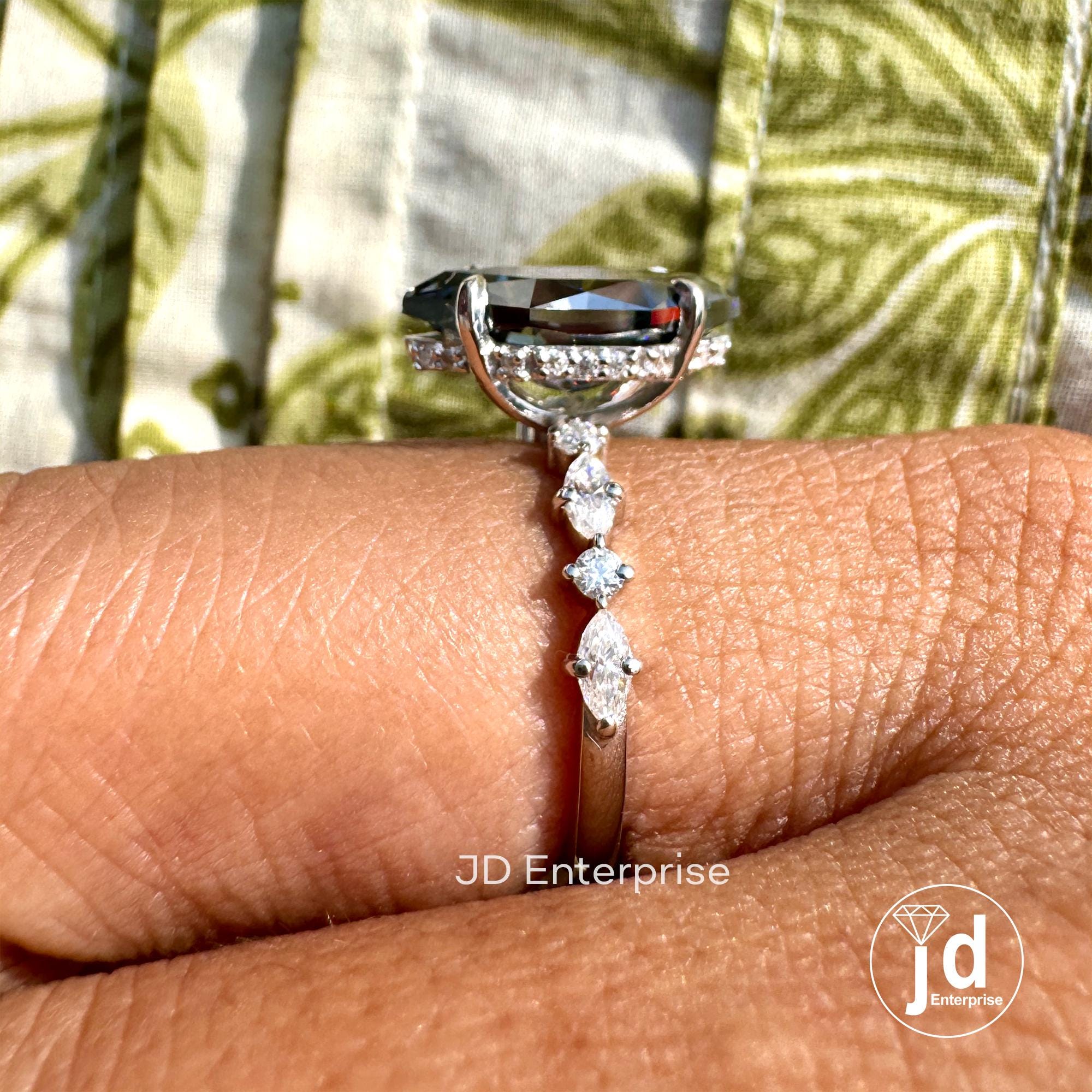 Dutch Marquise Cut Dark Grey Moissanite Engagement Ring, 3.00CT Moissanite Hidden Halo Wedding Ring for Women, Claw Prongs, Comfort Fit Ring