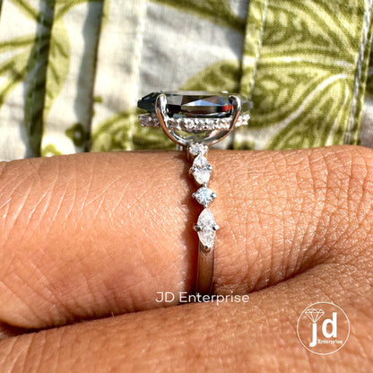 Dutch Marquise Cut Dark Grey Moissanite Engagement Ring, 3.00CT Moissanite Hidden Halo Wedding Ring for Women, Claw Prongs, Comfort Fit Ring