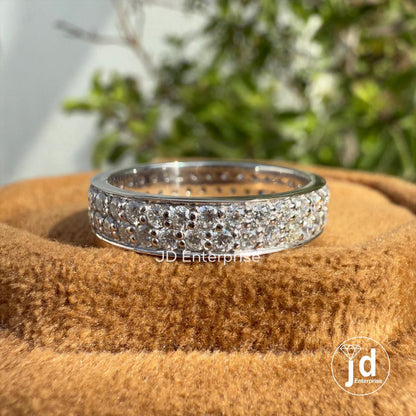 Round Moissanite Band, Colorless Moissanite Wedding Band, Double Row Eternity Band, Full Eternity Engagement Band, Stackable Matching Band