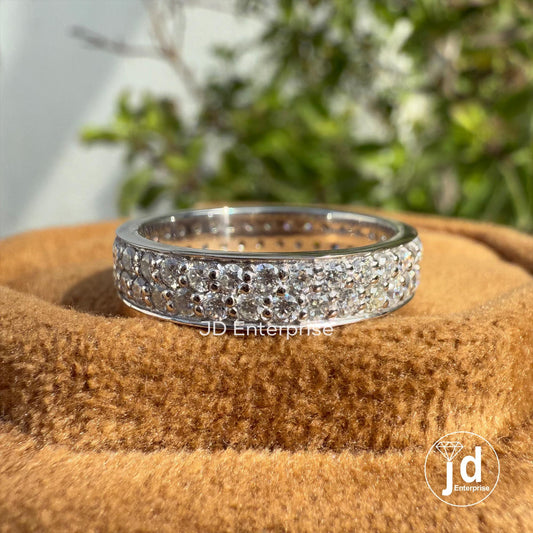 Round Moissanite Band, Colorless Moissanite Wedding Band, Double Row Eternity Band, Full Eternity Engagement Band, Stackable Matching Band