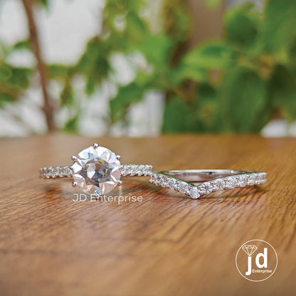 Vintage Style Wedding Set, 2.00 CT Round Old European Cut Moissanite Hidden Halo Engagement Ring, Half Eternity Curved Band, Bridal Ring Set