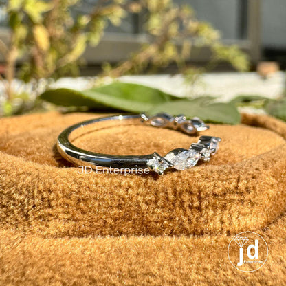Minimalist Open Gap Wedding Band, 0.30TW Marquise & Round Moissanite Engagement Band, Half Eternity Band, Stackable Matching Band for Women
