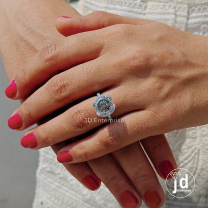 4.40 CT Grey Portuguese Cut Moissanite Engagement Ring, Half Halo Wedding Ring, Vintage Style Hidden Halo Bridal Ring, Anniversary Gift