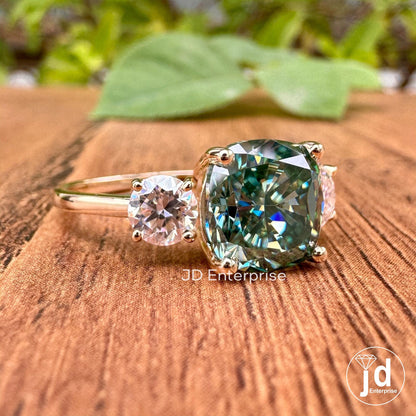 4.00TCW Cushion Cut Blue Green Moissanite Three Stone Engagement Ring, 10k Yellow Gold Bridal Ring, Cocktail Anniversary Ring, Wedding Ring