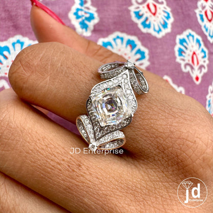 2.50 CT Step Cut Cushion Vintage Inspired Engagement Ring, Classic Bow Style Bridal Ring, Antique Moissanite Charm Ribbon Anniversary Ring