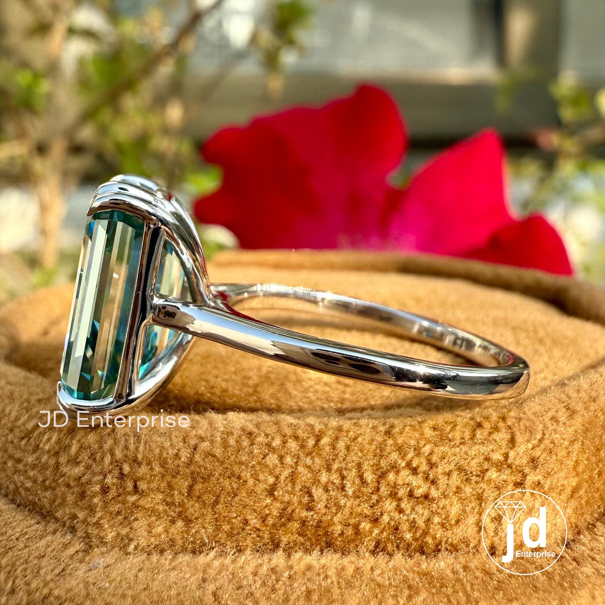 Emerald Moissanite Ring, Solitaire Moissanite Wedding Ring, Greenish Blue Moissanite Engagement Ring, Double Claw Prongs, Anniversary Ring