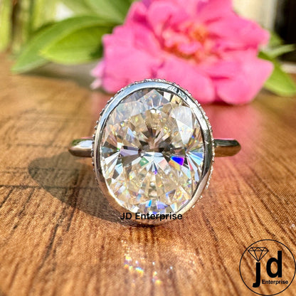 4.00 CT Near Colorless Oval Moissanite Engagement Ring, Bezel Set Solitaire Wedding Ring, Oval Hidden Halo Anniversary Gift Ring for Women