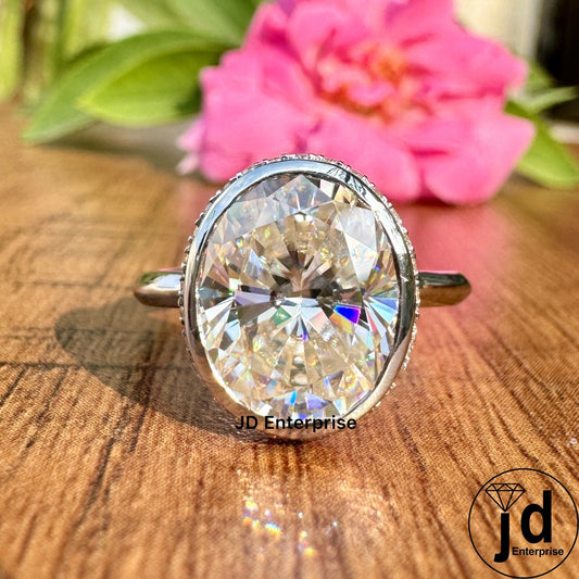 4.00 CT Near Colorless Oval Moissanite Engagement Ring, Bezel Set Solitaire Wedding Ring, Oval Hidden Halo Anniversary Gift Ring for Women