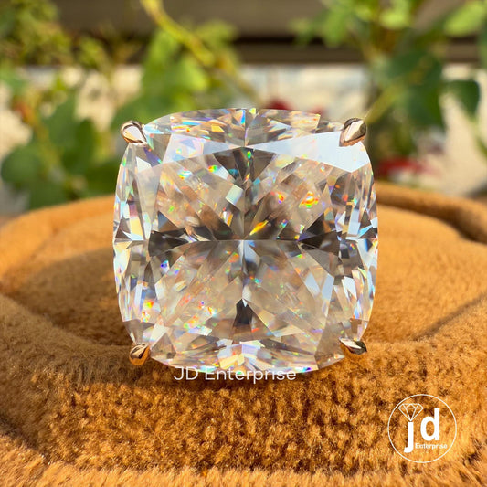 Large 14.50 CT Cushion Cut Moissanite Ring, Hidden Halo Engagement Ring, Pave Split Shank Celebrity Style Wedding Ring, Solid Rose Gold Ring