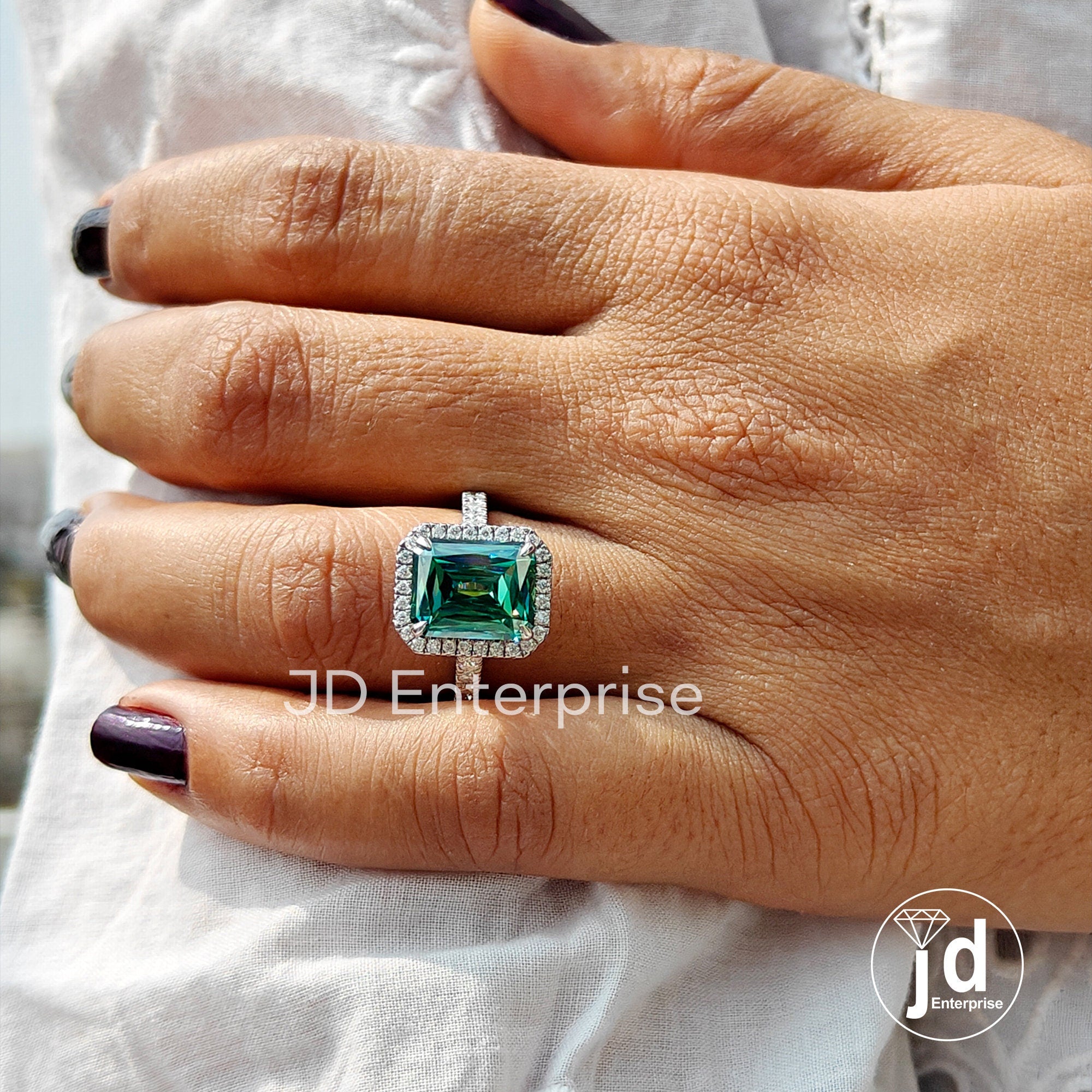 5.00 CT Criss Cut Green Moissanite Engagement Ring, Bridge Petite Pave Halo Wedding Ring, Full Eternity Band, Bridal Ring, Anniversary Ring